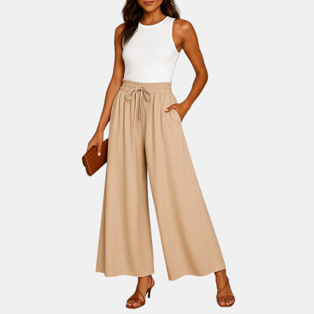 Damesbroek met hoge taille en wijde pijpen, elegant ontwerp met elastische band voor comfortabel en stijlvol dagelijks gebruik.