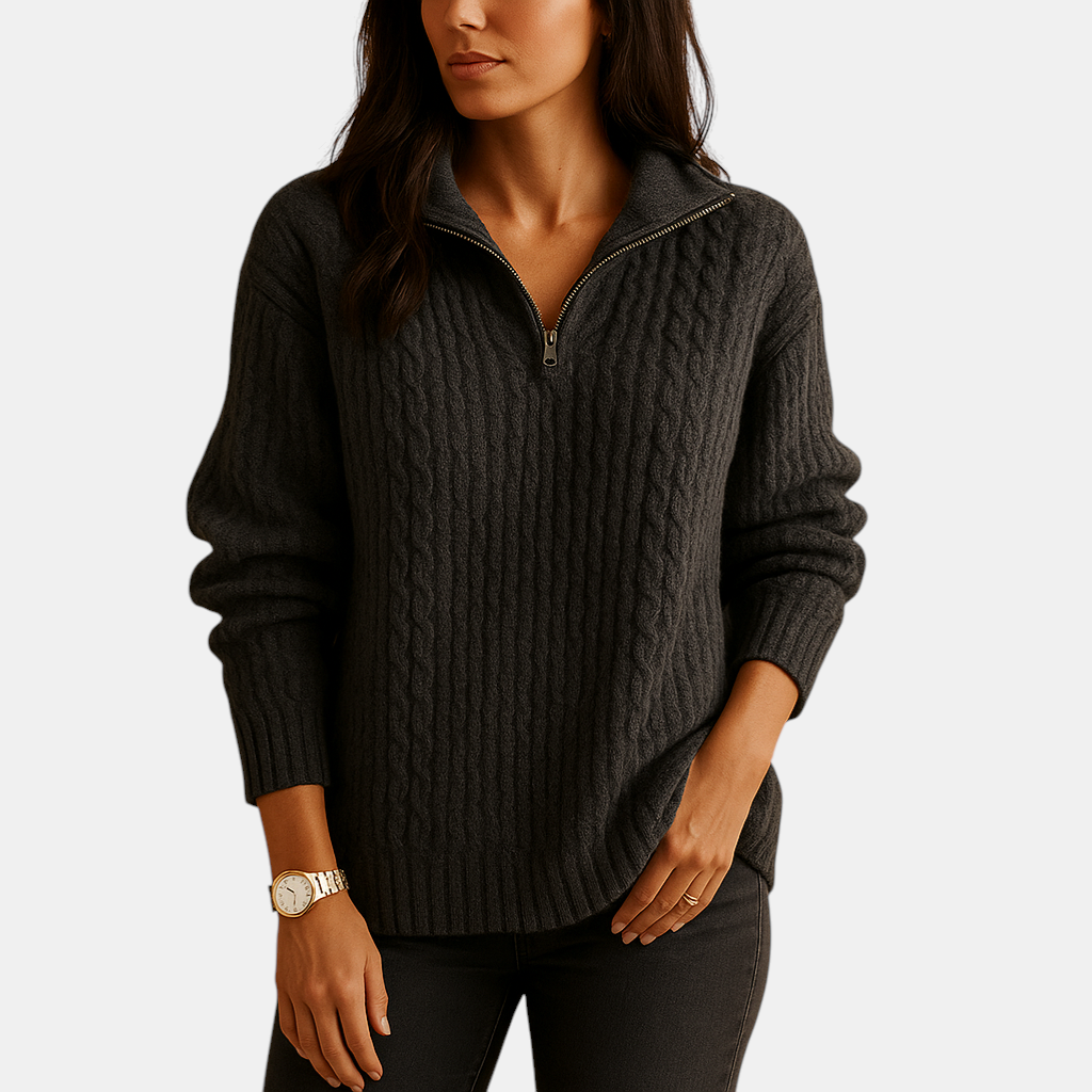Chique damestrui met halve rits en licht getailleerde pasvorm, ideaal voor casual en nette outfits in elk seizoen.