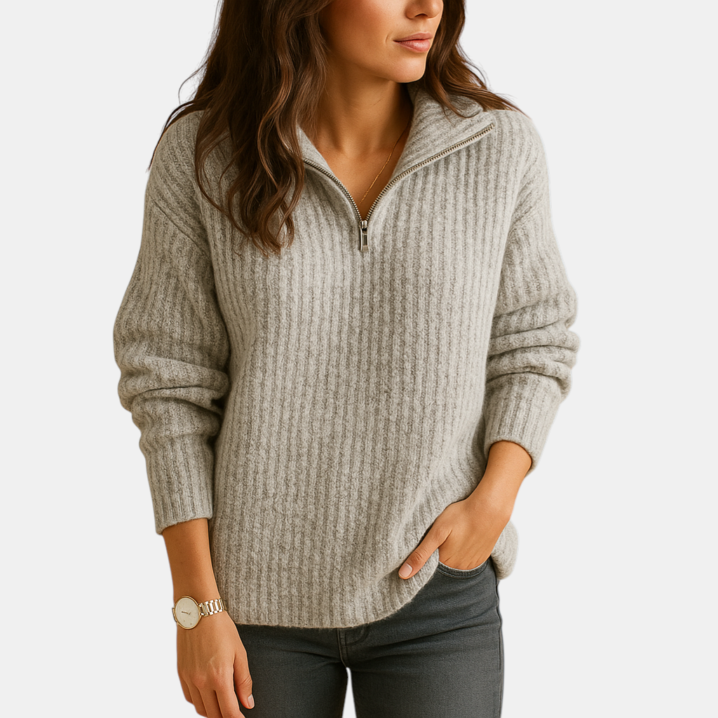 Chique damestrui met halve rits en licht getailleerde pasvorm, ideaal voor casual en nette outfits in elk seizoen.