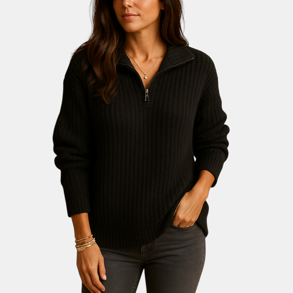 Chique damestrui met halve rits en licht getailleerde pasvorm, ideaal voor casual en nette outfits in elk seizoen.