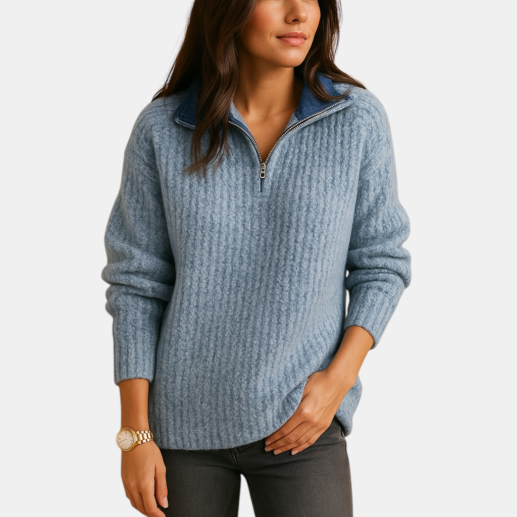 Chique damestrui met halve rits en licht getailleerde pasvorm, ideaal voor casual en nette outfits in elk seizoen.