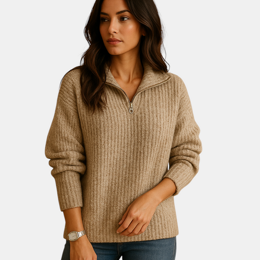 Chique damestrui met halve rits en licht getailleerde pasvorm, ideaal voor casual en nette outfits in elk seizoen.