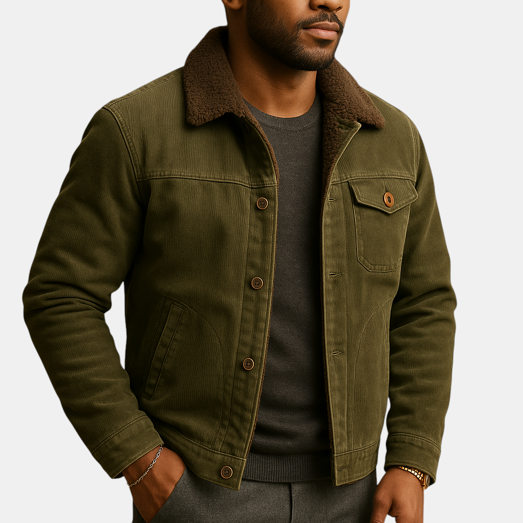 Heren corduroy jas met zachte stof en slanke pasvorm in neutrale kleuren, geschikt voor casual en formele gelegenheden.