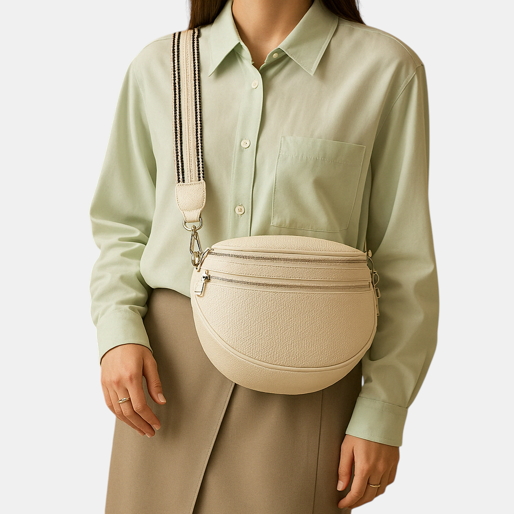 Luxe dubbele rits crossbodytas met tijdloos ontwerp op een witte achtergrond