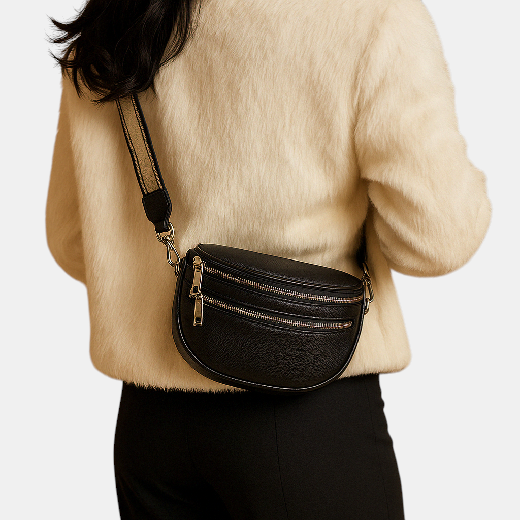 Stijlvolle dame met dubbele rits crossbodytas op portret, tijdloos ontwerp
