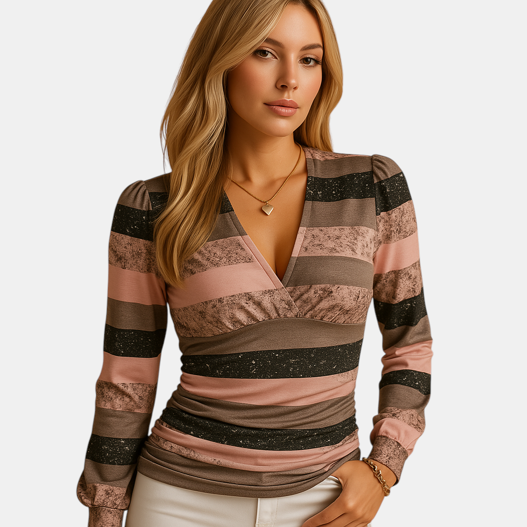 Dames top met lange mouwen en V-hals, gemaakt van zachte stretchstof voor een comfortabele en stijlvolle look in elk seizoen