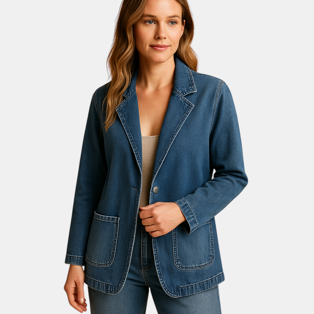 Dames denim blazer met getailleerde pasvorm en klassieke revers, ideaal voor zowel casual als zakelijke outfits.
