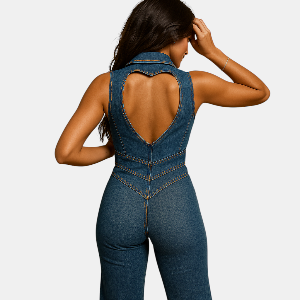 Mouwloze dames jumpsuit van denim met hartvormige halslijn en bodycon pasvorm, ideaal voor zomer, festivals en avondjes uit.