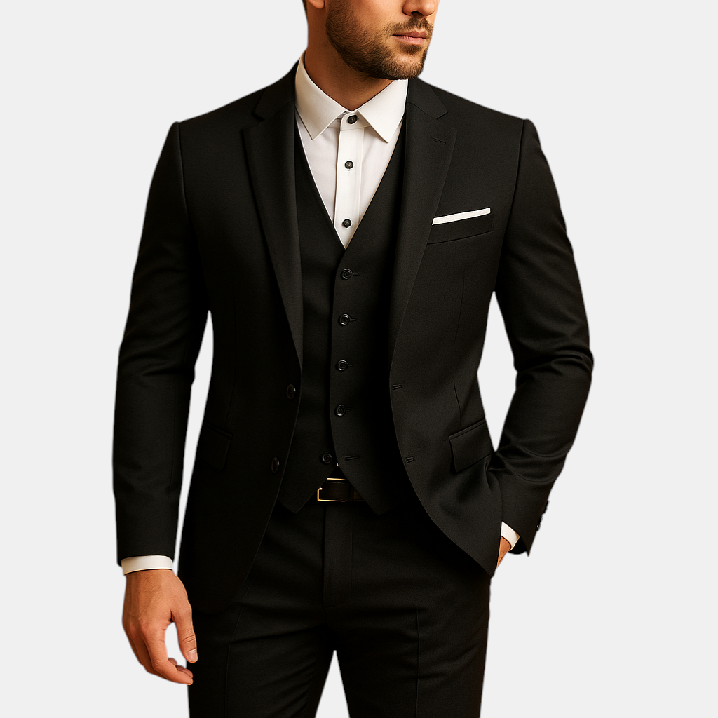 Stijlvol drieledig slim fit herenpak met blazer en broek in zwart, marine of grijs – perfect voor bruiloften en formele gelegenheden.