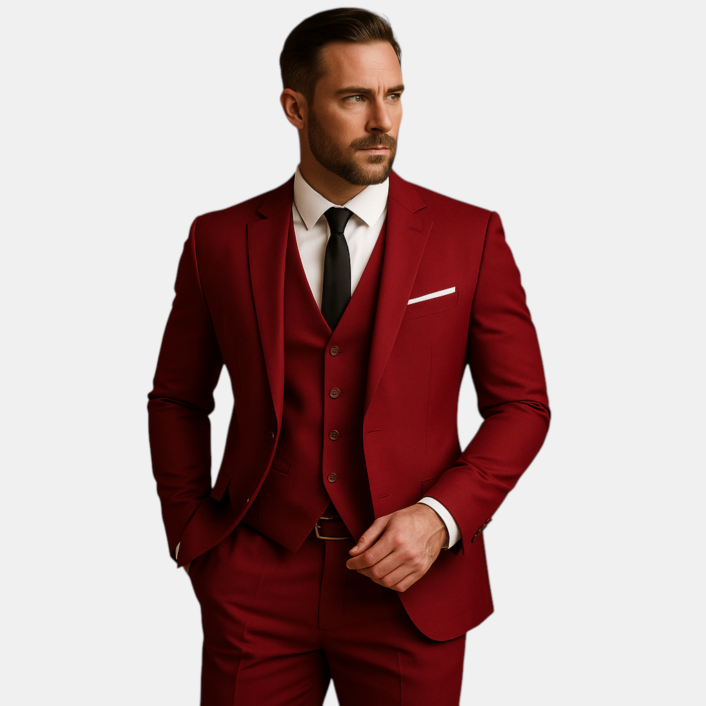 Stijlvol drieledig slim fit herenpak met blazer en broek in zwart, marine of grijs – perfect voor bruiloften en formele gelegenheden.