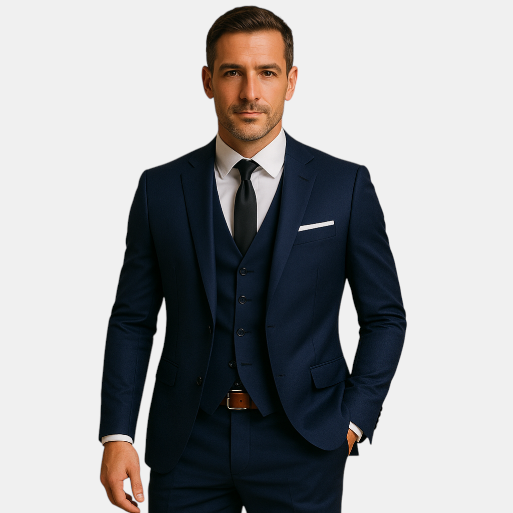 Stijlvol drieledig slim fit herenpak met blazer en broek in zwart, marine of grijs – perfect voor bruiloften en formele gelegenheden.