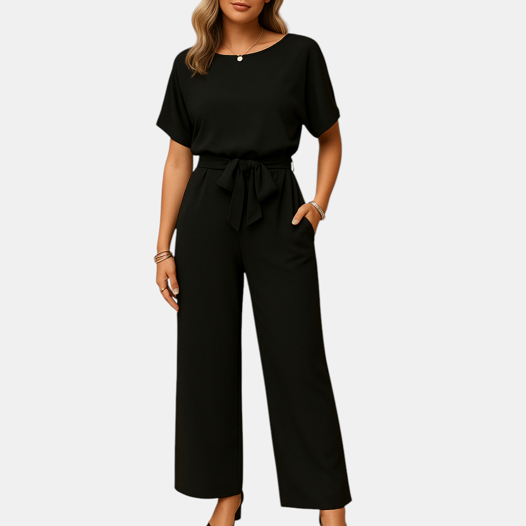 Chique dames jumpsuit in zwart, beige of groen met getailleerde pasvorm en losvallende mouwen, ideaal voor formele en stijlvolle gelegenheden.