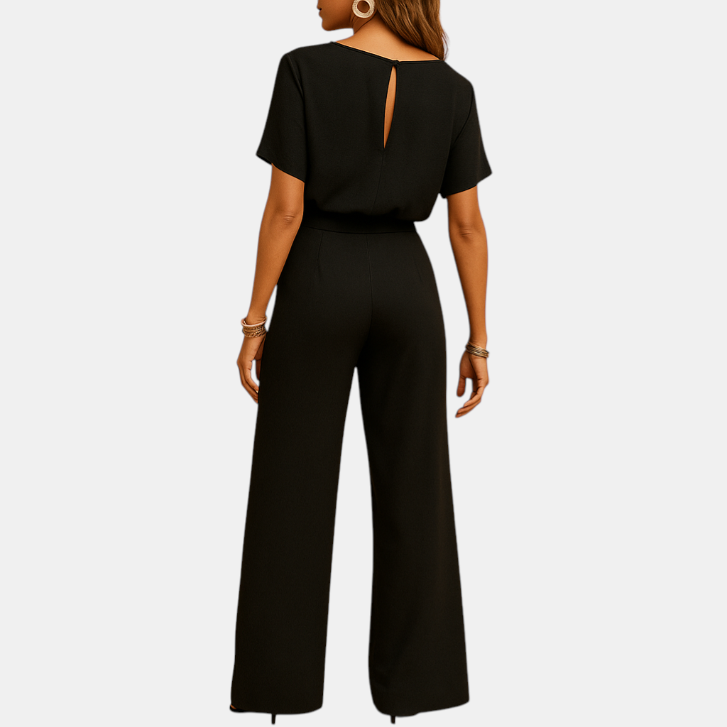 Chique dames jumpsuit in zwart, beige of groen met getailleerde pasvorm en losvallende mouwen, ideaal voor formele en stijlvolle gelegenheden.