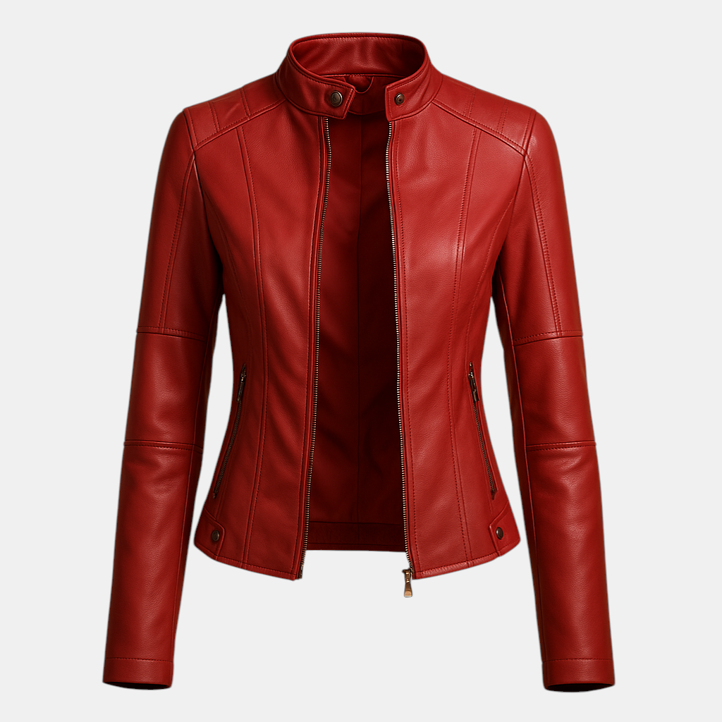 Elegante damesjas met symmetrische ritssluiting en kraag met drukknopen, ideaal voor stijlvolle outfits in herfst en lente.