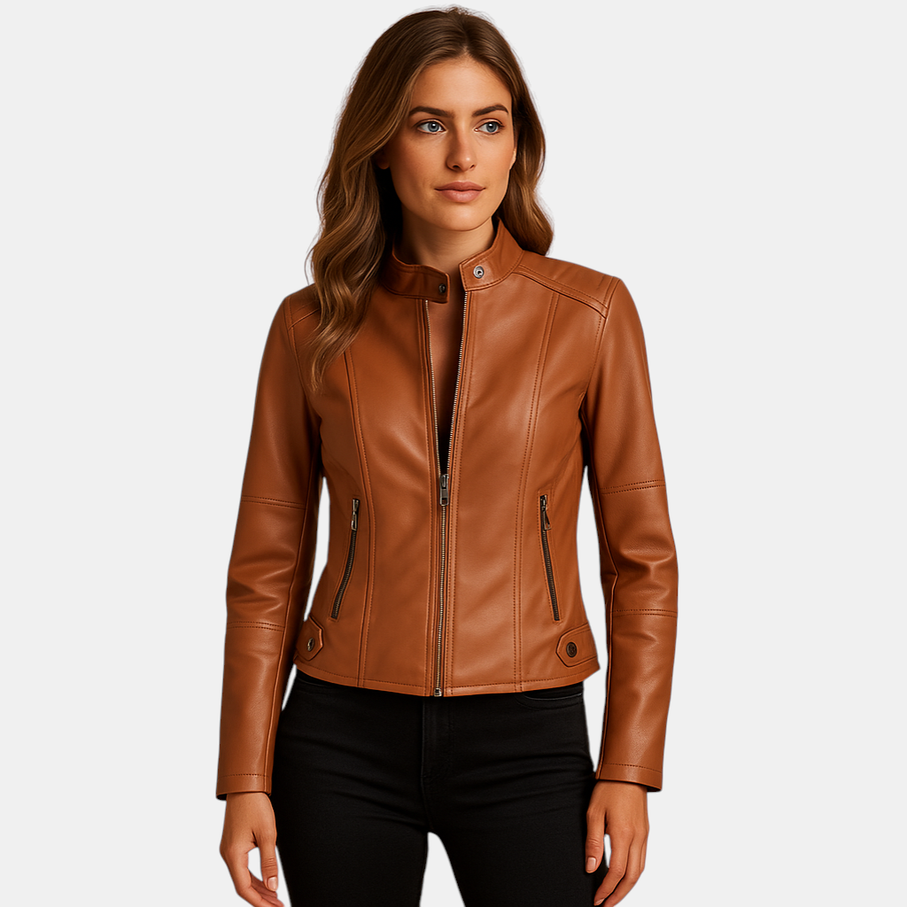 Elegante damesjas met symmetrische ritssluiting en kraag met drukknopen, ideaal voor stijlvolle outfits in herfst en lente.