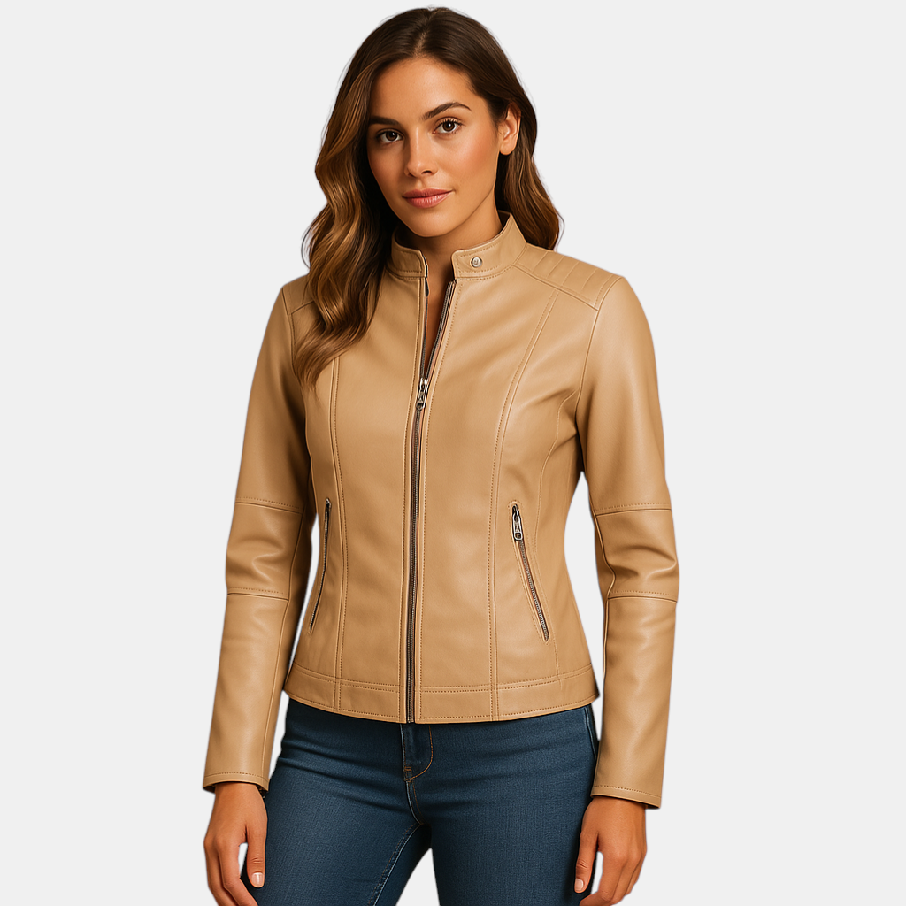 Elegante damesjas met symmetrische ritssluiting en kraag met drukknopen, ideaal voor stijlvolle outfits in herfst en lente.