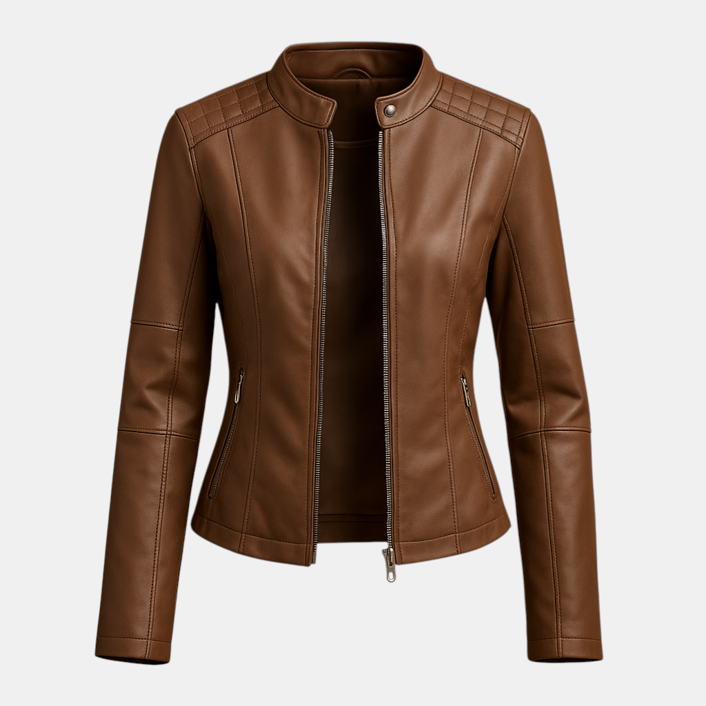Elegante damesjas met symmetrische ritssluiting en kraag met drukknopen, ideaal voor stijlvolle outfits in herfst en lente.