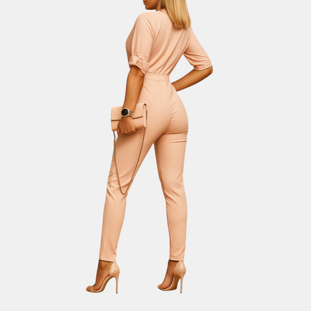 Elegante dames jumpsuit met V-hals, kraag en halve mouwen in vijf kleuren, ideaal voor werk, uitgaan en formele momenten.
