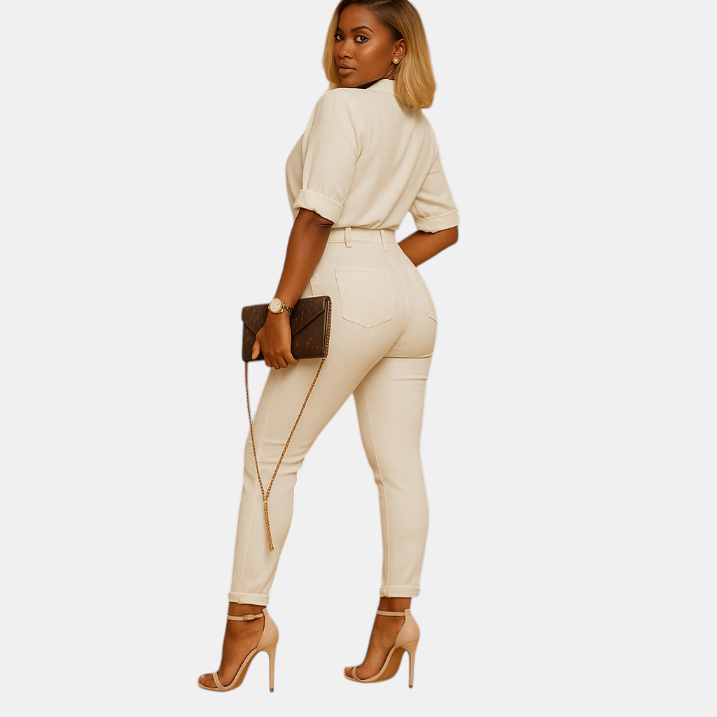 Elegante dames jumpsuit met V-hals, kraag en halve mouwen in vijf kleuren, ideaal voor werk, uitgaan en formele momenten.
