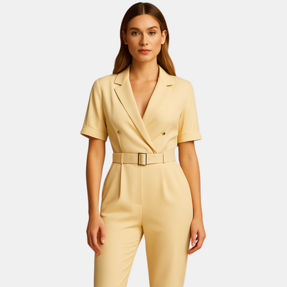 Elegante dames jumpsuit met V-hals, kraag en halve mouwen in vijf kleuren, ideaal voor werk, uitgaan en formele momenten.