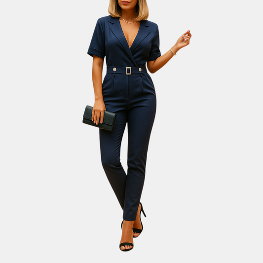 Elegante dames jumpsuit met V-hals, kraag en halve mouwen in vijf kleuren, ideaal voor werk, uitgaan en formele momenten.