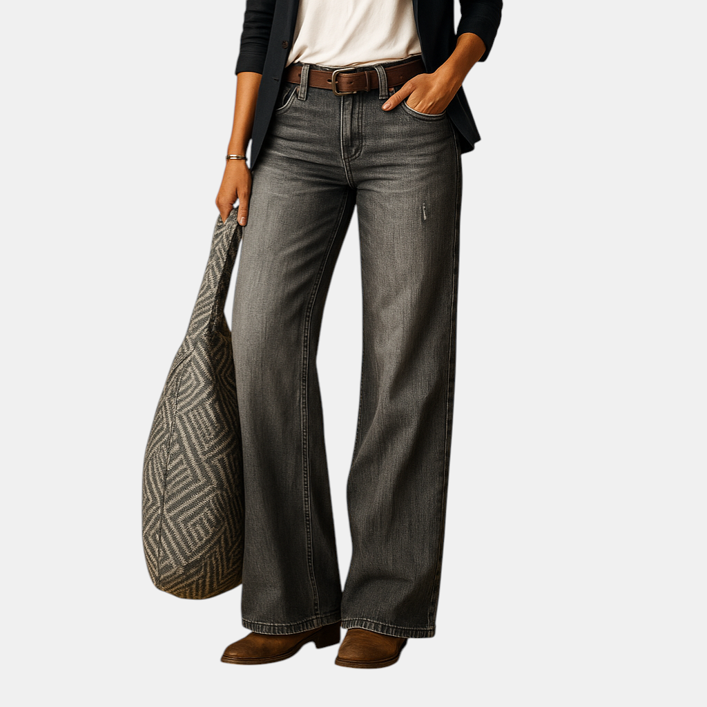 Elegante rechte damesbroek in blauw en grijs, perfect voor formele gelegenheden, werk en casual chique outfits.