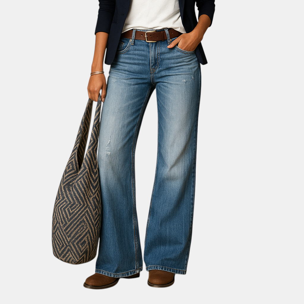 Elegante rechte damesbroek in blauw en grijs, perfect voor formele gelegenheden, werk en casual chique outfits.