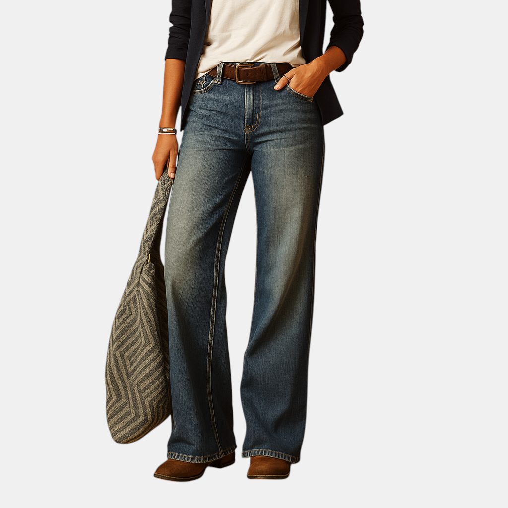 Elegante rechte damesbroek in blauw en grijs, perfect voor formele gelegenheden, werk en casual chique outfits.