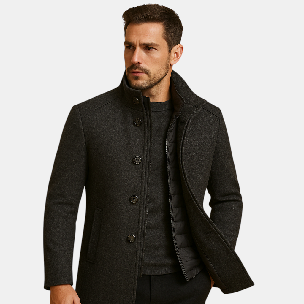Elegante wollen jas voor heren met single-breasted pasvorm, mandarin kraag en hoogwaardige wolmix, perfect voor koude herfst- en winterdagen.