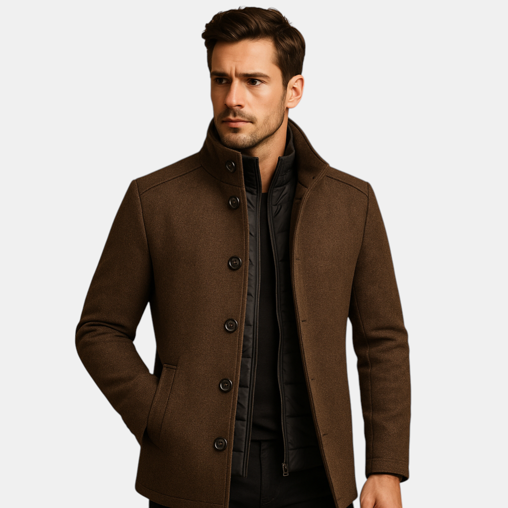 Elegante wollen jas voor heren met single-breasted pasvorm, mandarin kraag en hoogwaardige wolmix, perfect voor koude herfst- en winterdagen.