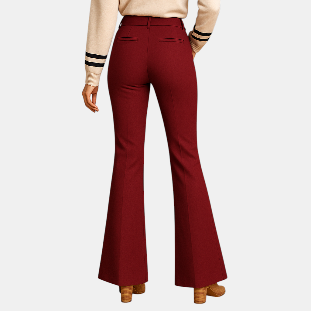 Dames flared broek met hoge taille, slanke pasvorm en wijde pijpen – ideaal voor casual, zakelijke en formele outfits.