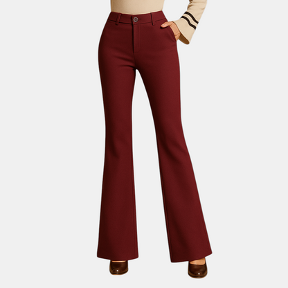 Dames flared broek met hoge taille, slanke pasvorm en wijde pijpen – ideaal voor casual, zakelijke en formele outfits.