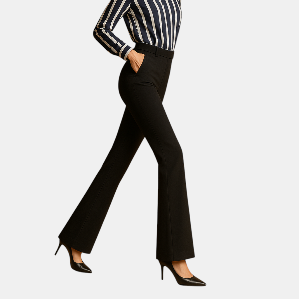 Dames flared broek met hoge taille, slanke pasvorm en wijde pijpen – ideaal voor casual, zakelijke en formele outfits.