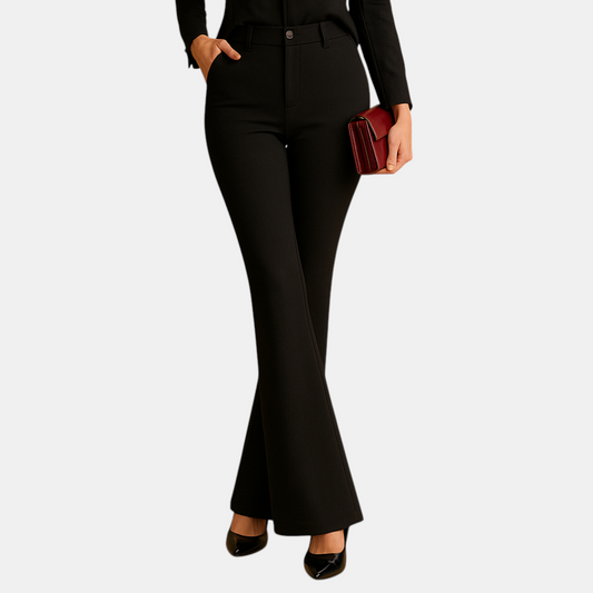 Dames flared broek met hoge taille, slanke pasvorm en wijde pijpen – ideaal voor casual, zakelijke en formele outfits.