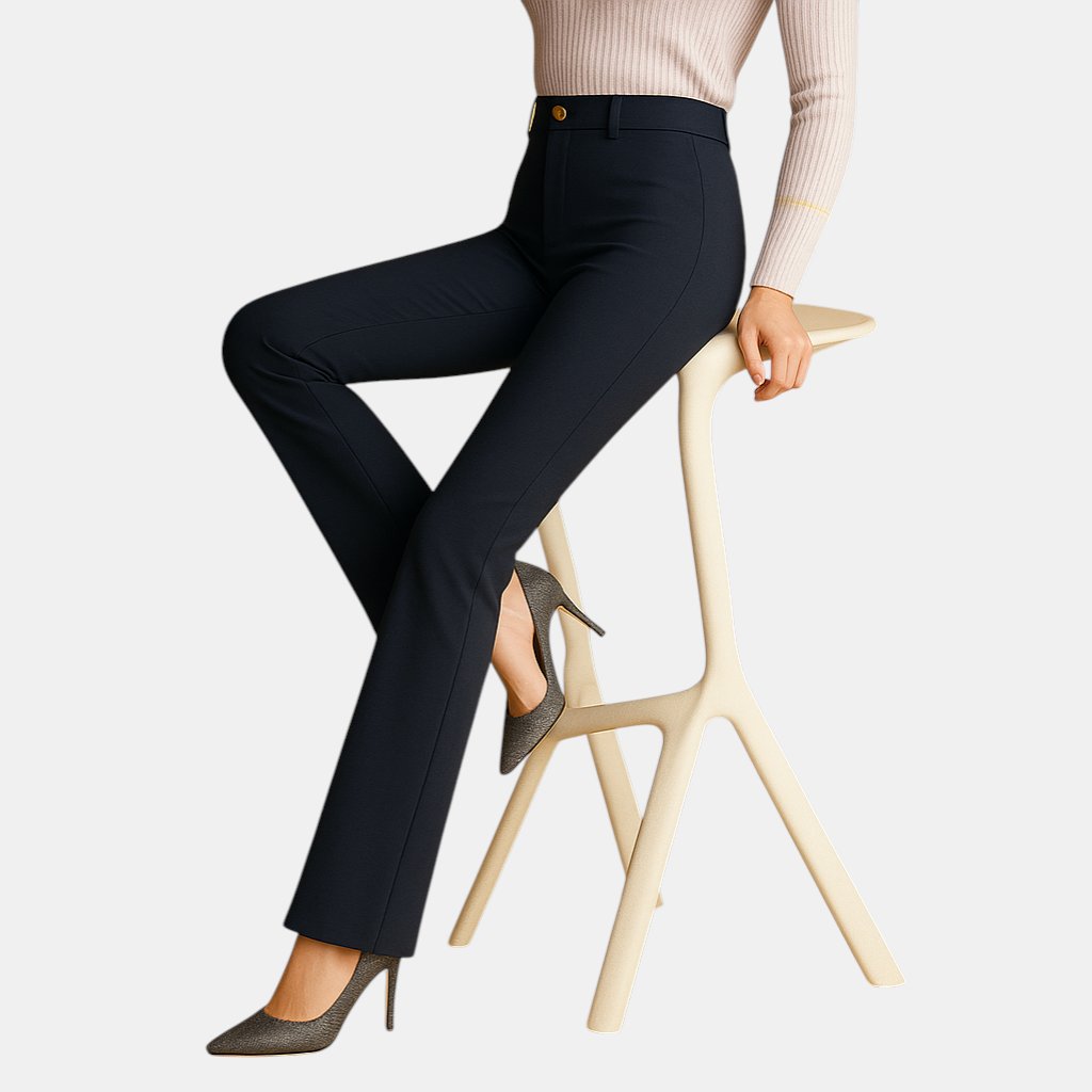 Dames flared broek met hoge taille, slanke pasvorm en wijde pijpen – ideaal voor casual, zakelijke en formele outfits.