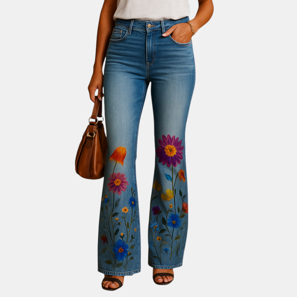 Dames flared jeans met bloemenprint en relaxte pasvorm van ademende stof, perfect voor lente- en zomeroutfits met een speelse touch.