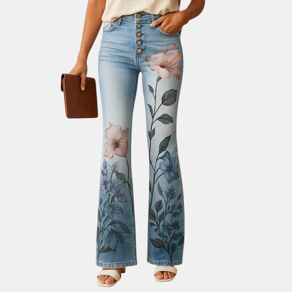 Dames flared jeans met bloemenprint en relaxte pasvorm van ademende stof, perfect voor lente- en zomeroutfits met een speelse touch.