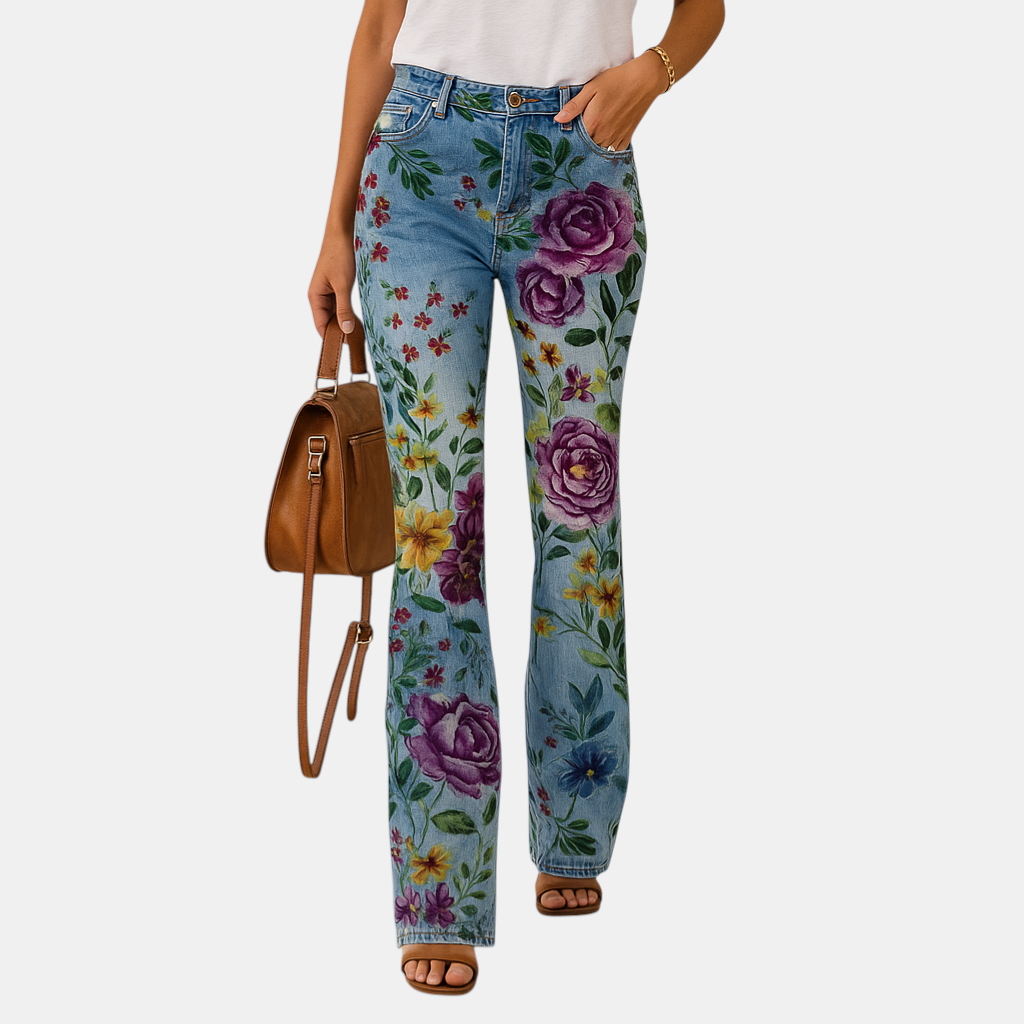 Dames flared jeans met bloemenprint en relaxte pasvorm van ademende stof, perfect voor lente- en zomeroutfits met een speelse touch.