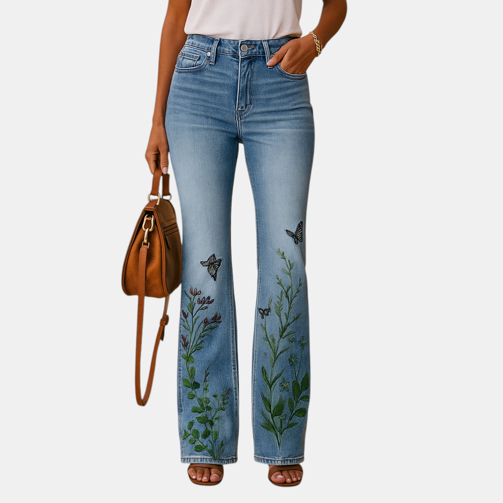 Dames flared jeans met bloemenprint en relaxte pasvorm van ademende stof, perfect voor lente- en zomeroutfits met een speelse touch.
