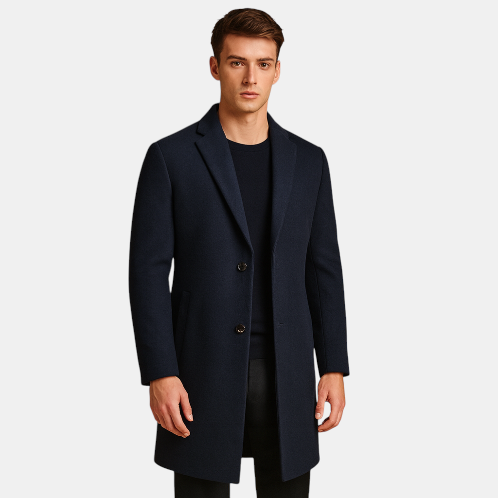 Formele wintermantel voor heren met klassiek lang design en warme voering, ideaal voor formele gelegenheden en koude dagen.
