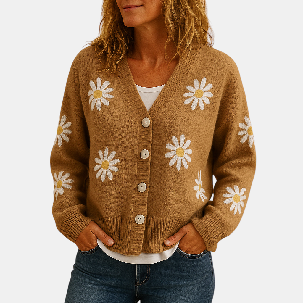 Gebreid damesvest met bloemenpatroon en knoopsluiting, zacht en ademend, ideaal voor herfst- en winterlagen in diverse stijlvolle kleuren.