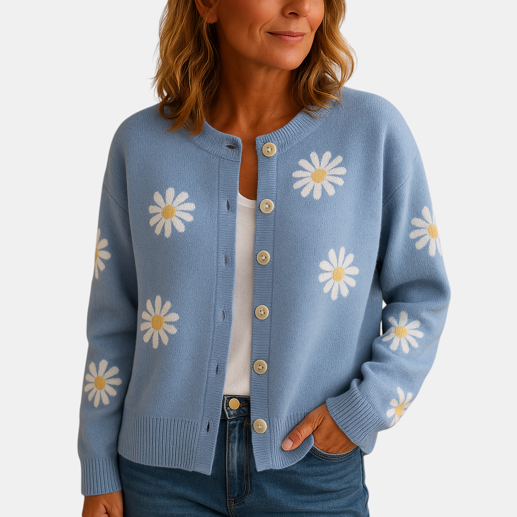 Gebreid damesvest met bloemenpatroon en knoopsluiting, zacht en ademend, ideaal voor herfst- en winterlagen in diverse stijlvolle kleuren.