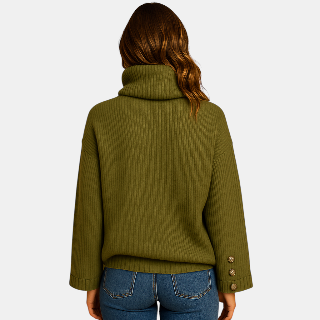 Dames coltrui met hoge hals en knoopdetail in army green, perfect voor stijlvolle winterlagen en dagelijks gebruik.