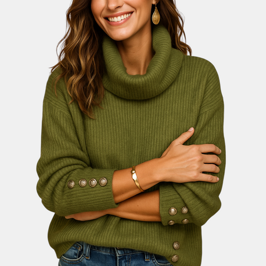 Dames coltrui met hoge hals en knoopdetail in army green, perfect voor stijlvolle winterlagen en dagelijks gebruik.