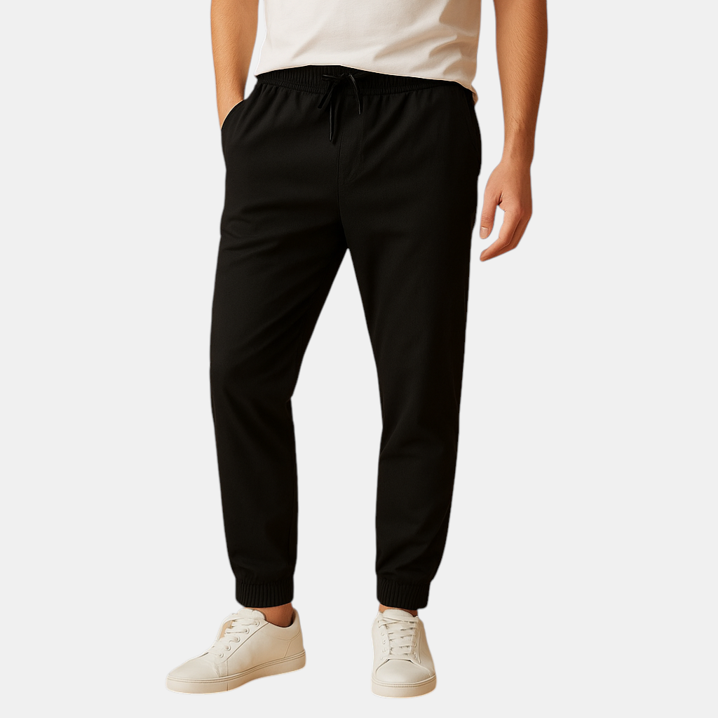 Warme gebreide herenbroek van zachte wol met elastische tailleband en trekkoord, perfect voor casual winterdagen en thuisgebruik.