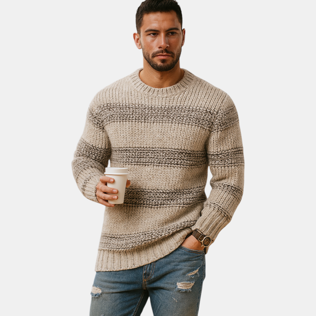 Gebreide Noorse trui voor heren met warme en tijdloze uitstraling, ideaal voor casual en formele looks in de herfst en winter.