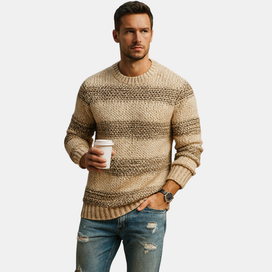 Gebreide Noorse trui voor heren met warme en tijdloze uitstraling, ideaal voor casual en formele looks in de herfst en winter.