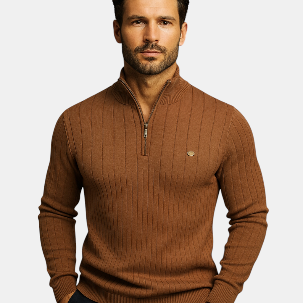 Gebreide heren trui met halve rits en hoge kraag, warme stof en slanke pasvorm. Ideaal voor casual en elegante looks in de herfst en winter.