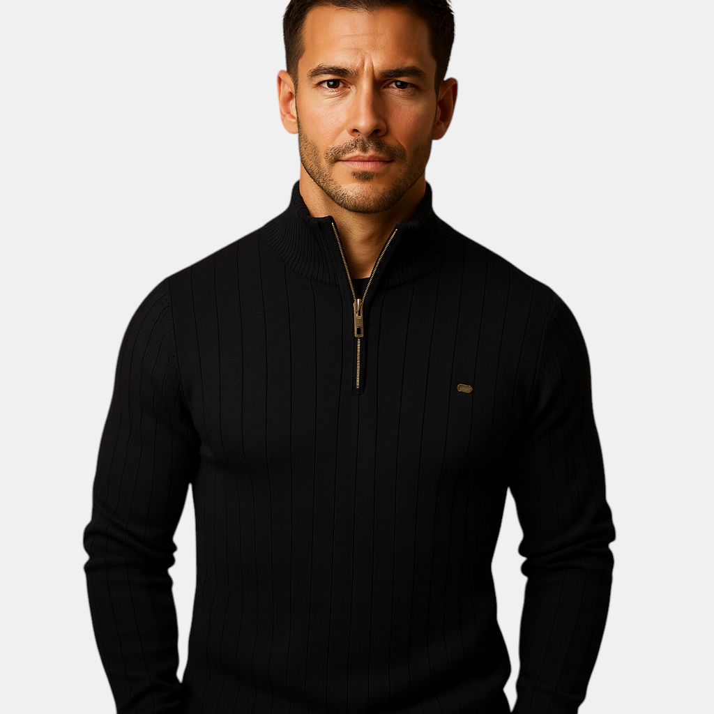 Gebreide heren trui met halve rits en hoge kraag, warme stof en slanke pasvorm. Ideaal voor casual en elegante looks in de herfst en winter.