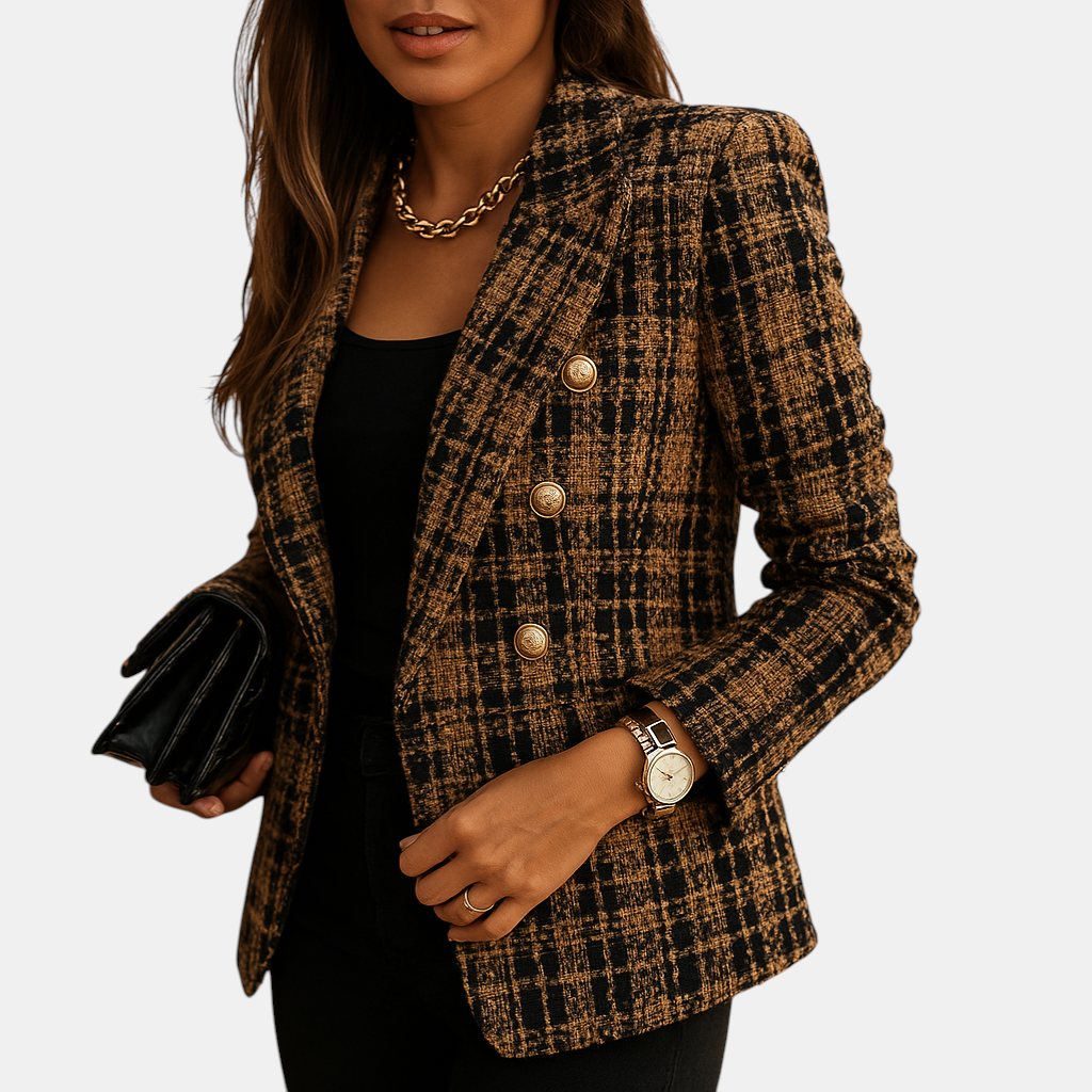 Geruite damesblazer met double-breasted design en lange mouwen, perfect voor zakelijke of casual looks.